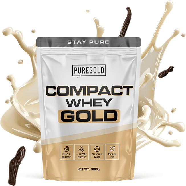 Compact Whey protein powder package with chocolate and pistachios